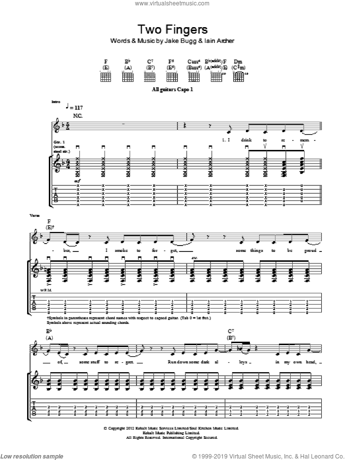 Two Fingers sheet music for guitar (tablature) by Jake Bugg and Iain Archer, intermediate skill level