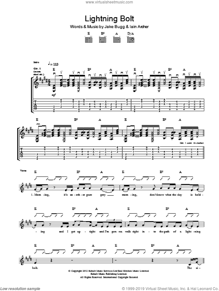 Lightning Bolt sheet music for guitar (tablature) by Jake Bugg and Iain Archer, intermediate skill level