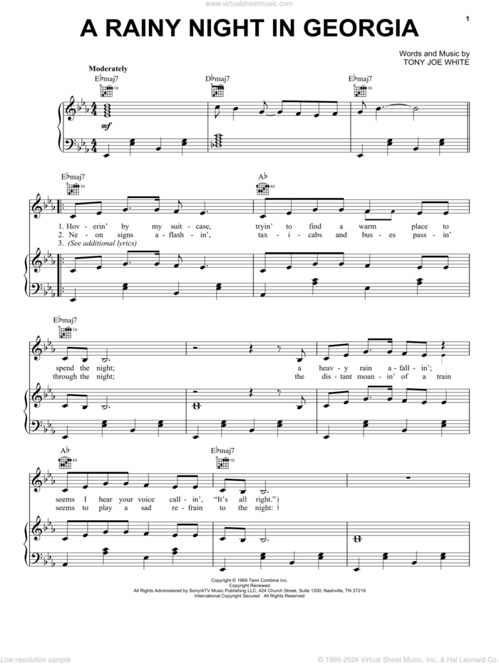 A Rainy Night In Georgia sheet music for voice, piano or guitar by Brook Benton and Tony Joe White, intermediate skill level