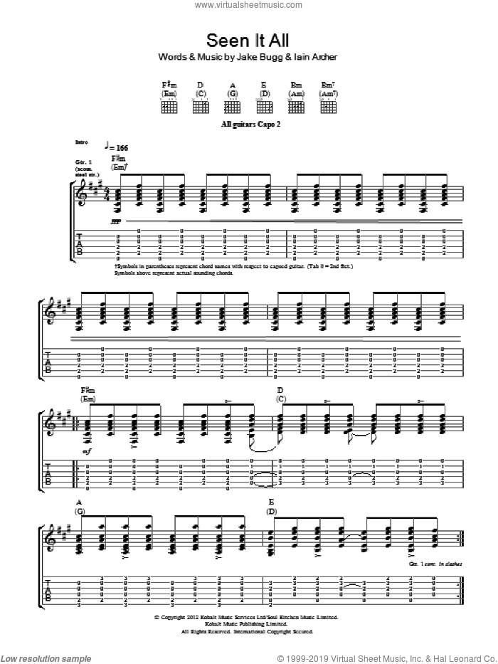 Seen It All sheet music for guitar (tablature) by Jake Bugg and Iain Archer, intermediate skill level