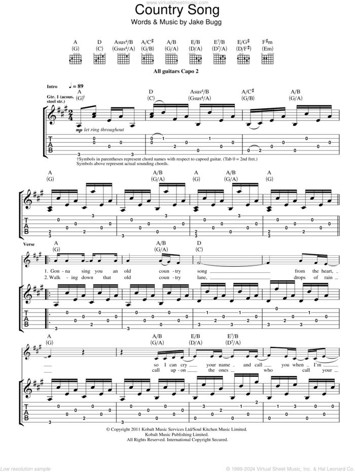 Country Song sheet music for guitar (tablature) by Jake Bugg, intermediate skill level