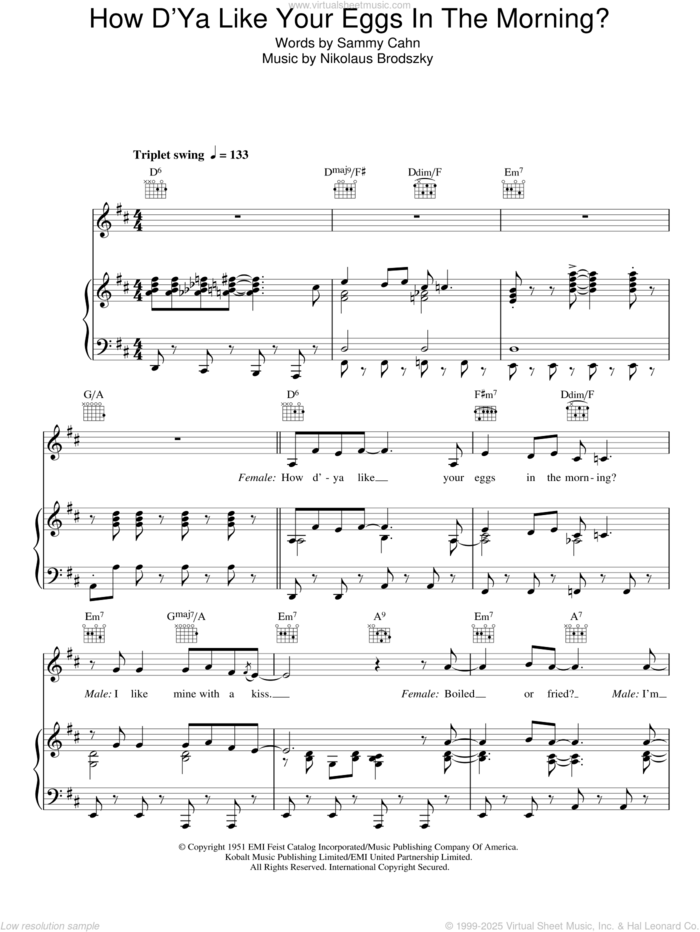 How D'ya Like Your Eggs In The Morning? sheet music for voice, piano or guitar by Dean Martin, Nicholas Brodszky and Sammy Cahn, intermediate skill level