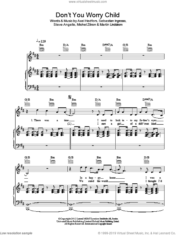Don't You Worry Child sheet music for voice, piano or guitar by Swedish House Mafia, Axel Hedfors, Martin Lindstrom, Michel Zitron, Sebastian Ingrosso and Steve Angello, intermediate skill level