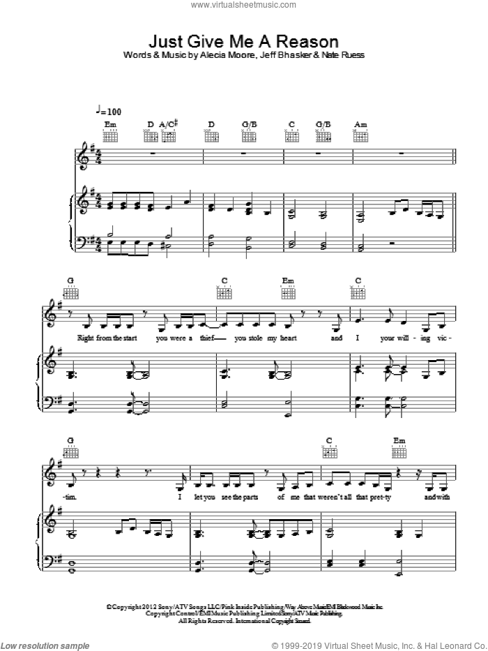 Just Give Me A Reason sheet music for voice, piano or guitar by Jeff Bhasker, Miscellaneous, Alecia Moore and Nate Ruess, intermediate skill level