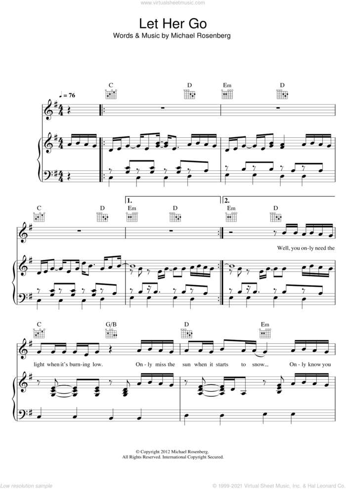 Let Her Go sheet music for voice, piano or guitar by Passenger and Michael Rosenberg, intermediate skill level