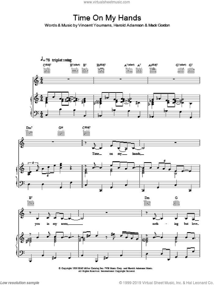Time On My Hands sheet music for voice, piano or guitar by Billie Holiday, Harold Adamson, Mack Gordon and Vincent Youmans, intermediate skill level