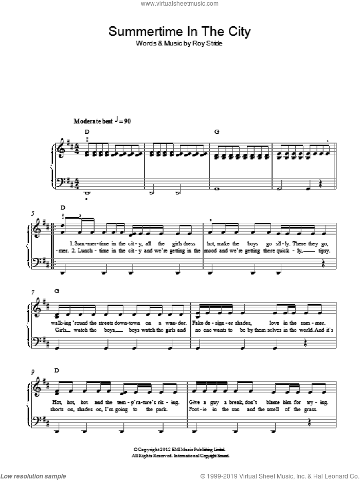 Summertime In The City sheet music for piano solo by Scouting For Girls and Roy Stride, easy skill level