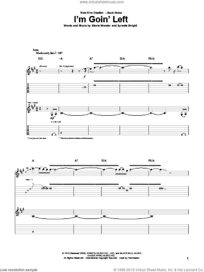 I'm Goin' Left sheet music for guitar (tablature) by Eric Clapton, Stevie Wonder and Syreeta Wright, intermediate skill level