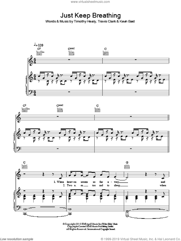 Just Keep Breathing sheet music for voice, piano or guitar by We The Kings, Kevin Bard, Timothy Healy and Travis Clark, intermediate skill level