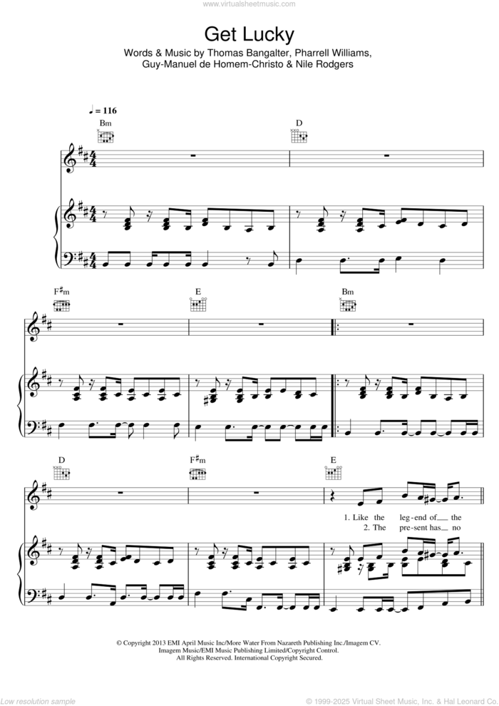 Get Lucky (featuring Pharrell Williams) sheet music for voice, piano or guitar by Daft Punk, Guy-Manuel de Homem-Christo, Nile Rodgers, Pharrell Williams and Thomas Bangalter, intermediate skill level