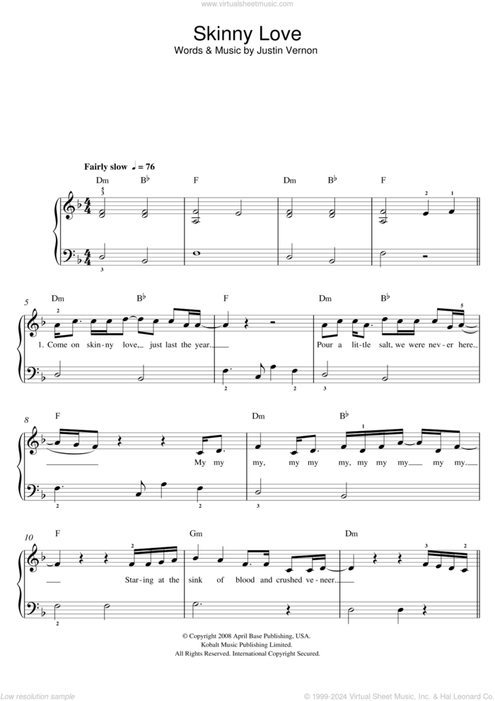 Skinny Love sheet music for piano solo by Birdy, Bon Iver and Justin Vernon, easy skill level