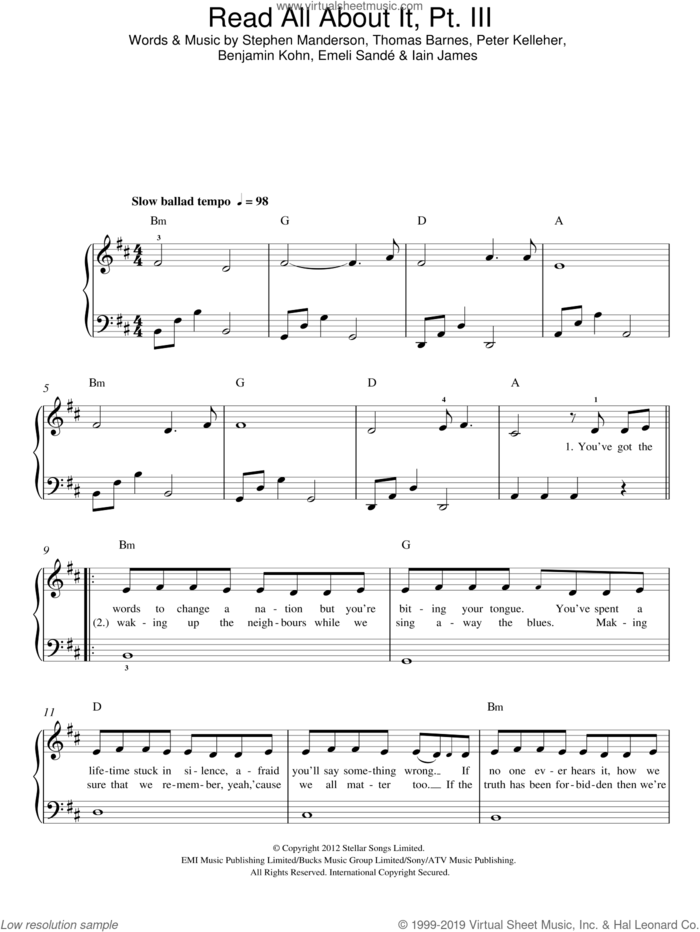 Read All About It, Part III sheet music for piano solo by Emeli Sande, Benjamin Kohn, Iain James, Peter Kelleher, Stephen Manderson and Thomas Barnes, easy skill level