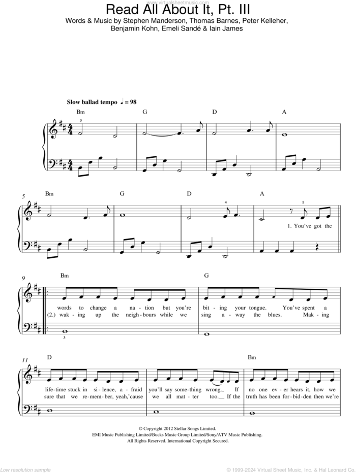 Read All About It, Part III sheet music for piano solo by Emeli Sande, Benjamin Kohn, Iain James, Peter Kelleher, Stephen Manderson and Thomas Barnes, easy skill level