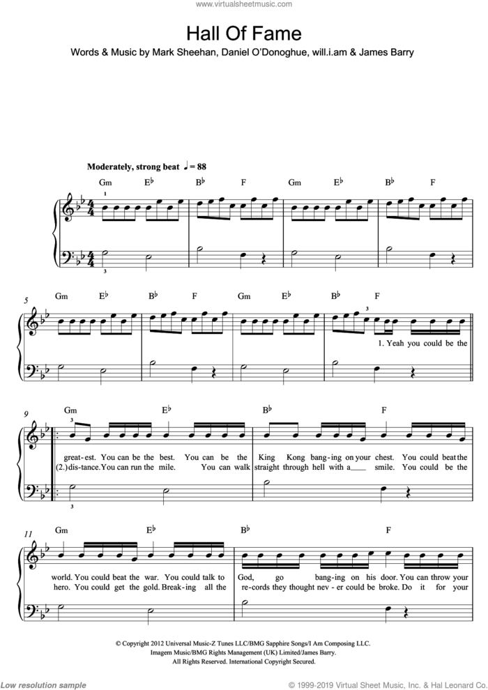 Hall Of Fame (featuring will.i.am) sheet music for piano solo by The Script featuring will.i.am, The Script, James Barry, Mark Sheehan and Will.i.am, easy skill level