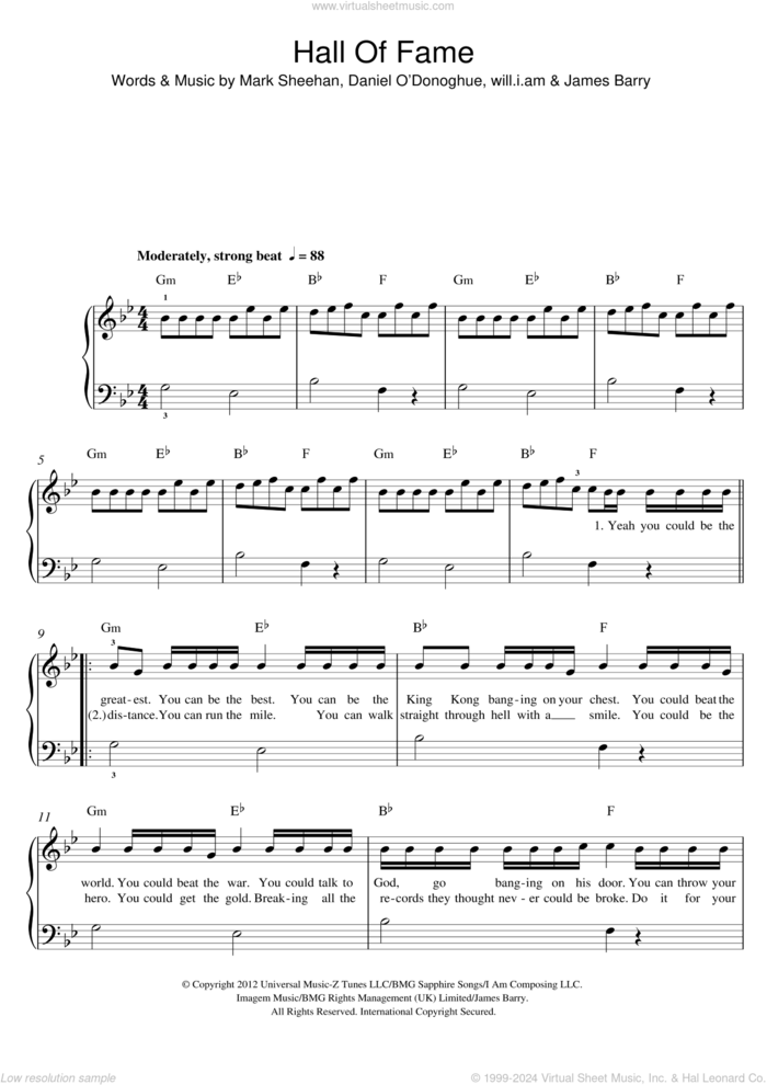 Hall Of Fame (featuring will.i.am) sheet music for piano solo by The Script featuring will.i.am, The Script, James Barry, Mark Sheehan and Will.i.am, easy skill level