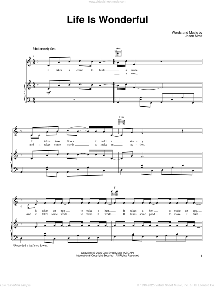 Life Is Wonderful sheet music for voice, piano or guitar by Jason Mraz, intermediate skill level