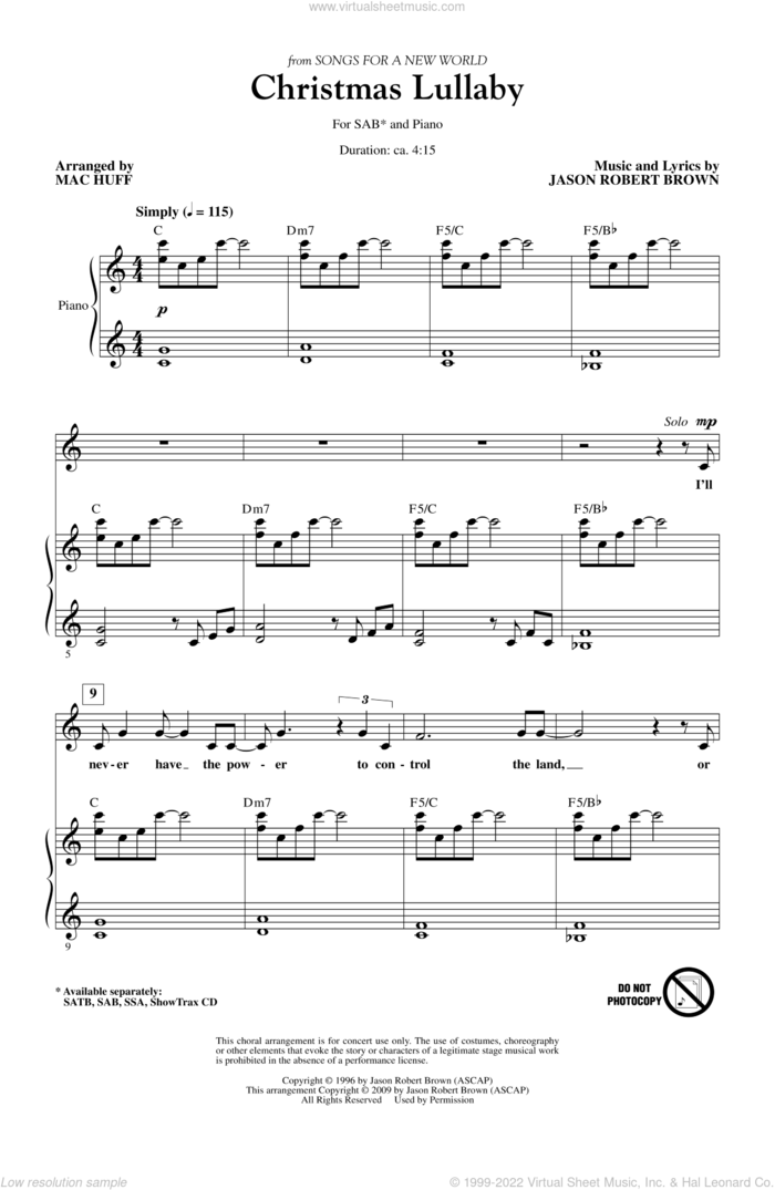 Christmas Lullaby (from Songs for a New World) (arr. Mac Huff) sheet music for choir (SAB: soprano, alto, bass) by Mac Huff and Jason Robert Brown, intermediate skill level