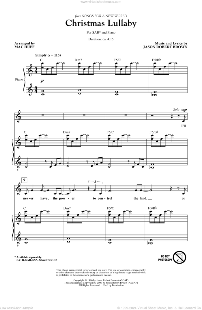 Christmas Lullaby (from Songs for a New World) (arr. Mac Huff) sheet music for choir (SAB: soprano, alto, bass) by Mac Huff and Jason Robert Brown, intermediate skill level