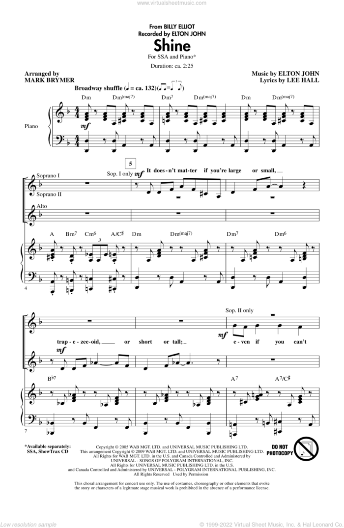 Shine (from Billy Elliot) (arr. Mark Brymer) sheet music for choir (SSA: soprano, alto) by Elton John, Lee Hall and Mark Brymer, intermediate skill level