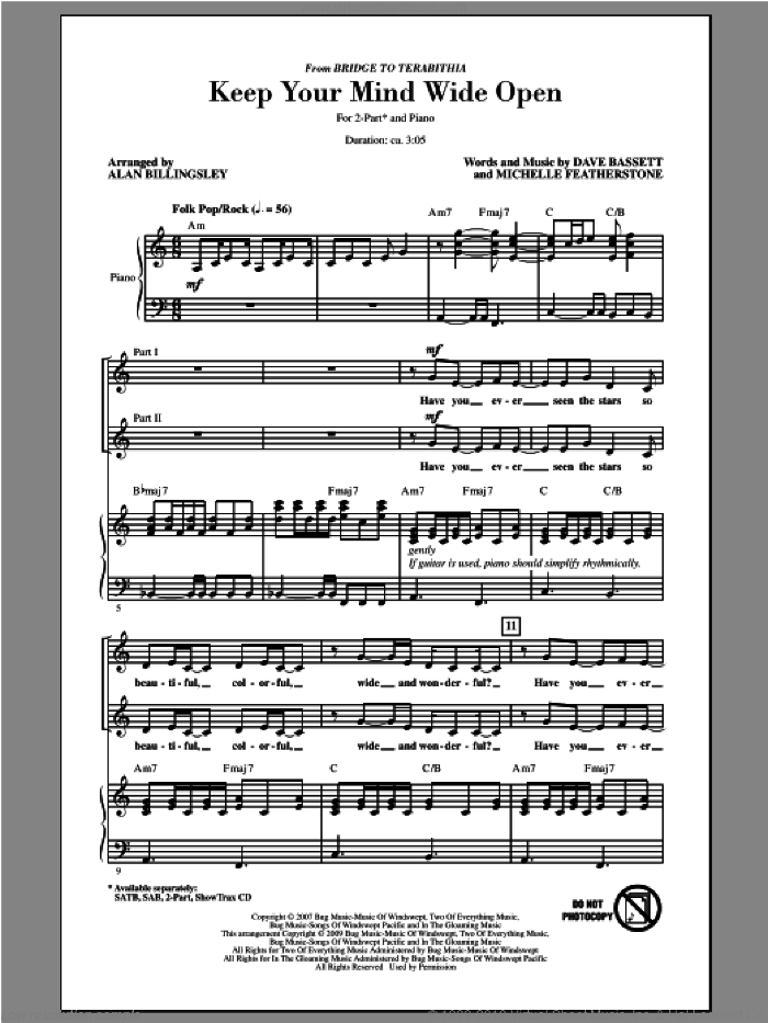 Keep Your Mind Wide Open sheet music for choir (2-Part) by Alan Billingsley, intermediate duet