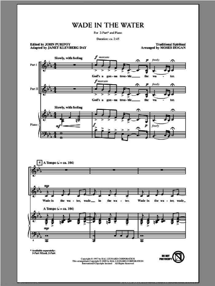 Wade In The Water sheet music for choir (2-Part) by Moses Hogan and Janet Day, intermediate duet
