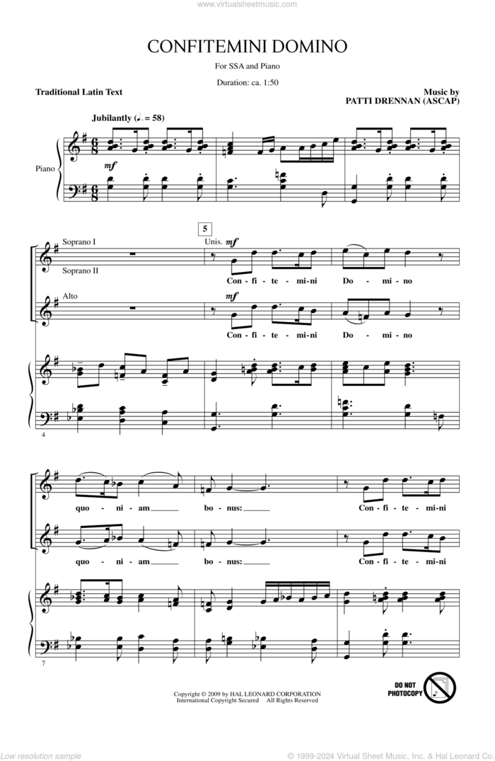 Confitemini Domino sheet music for choir (SSA: soprano, alto) by Patti Drennan, intermediate skill level