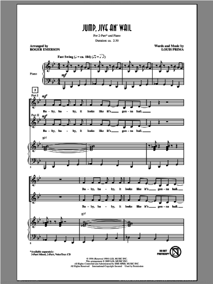 Jump, Jive An' Wail sheet music for choir (2-Part) by Roger Emerson and Brian Setzer, intermediate duet