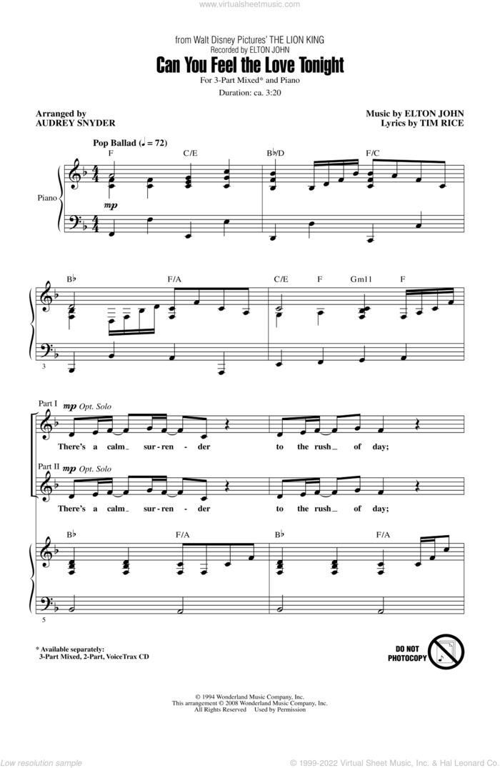 Can You Feel The Love Tonight (from The Lion King) (arr. Audrey Snyder) sheet music for choir (3-Part Mixed) by Elton John, Audrey Snyder and Tim Rice, wedding score, intermediate skill level