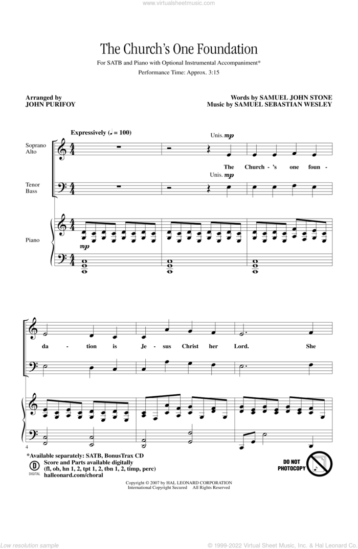 The Church's One Foundation sheet music for choir (SATB: soprano, alto, tenor, bass) by John Purifoy, intermediate skill level