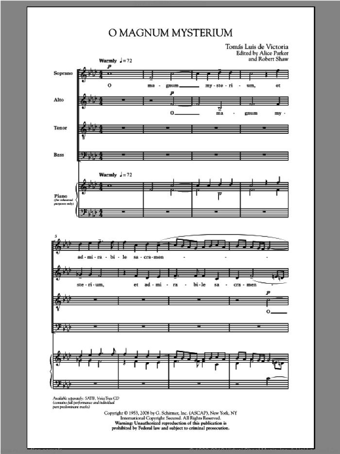 O Magnum Mysterium (ed. Alice Parker and Kirby Shaw) sheet music for choir (SATB: soprano, alto, tenor, bass) by Alice Parker, De Victoria, Robert Shaw and Tomas Luis De Victoria, intermediate skill level