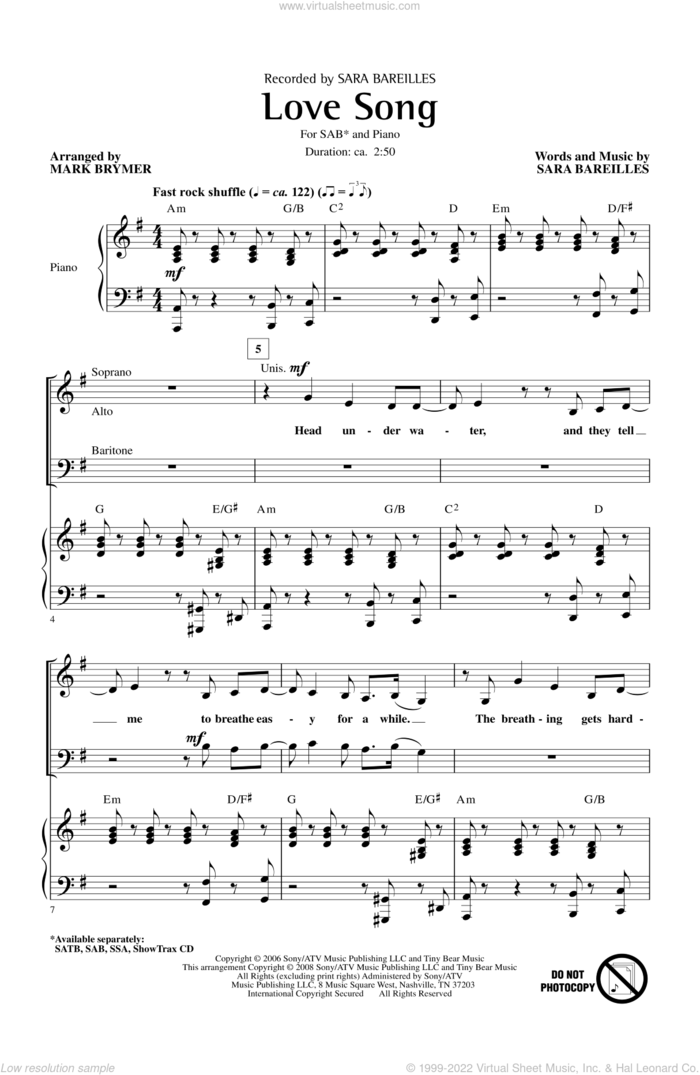 Love Song (arr. Mark Brymer) sheet music for choir (SAB: soprano, alto, bass) by Mark Brymer and Sara Bareilles, intermediate skill level