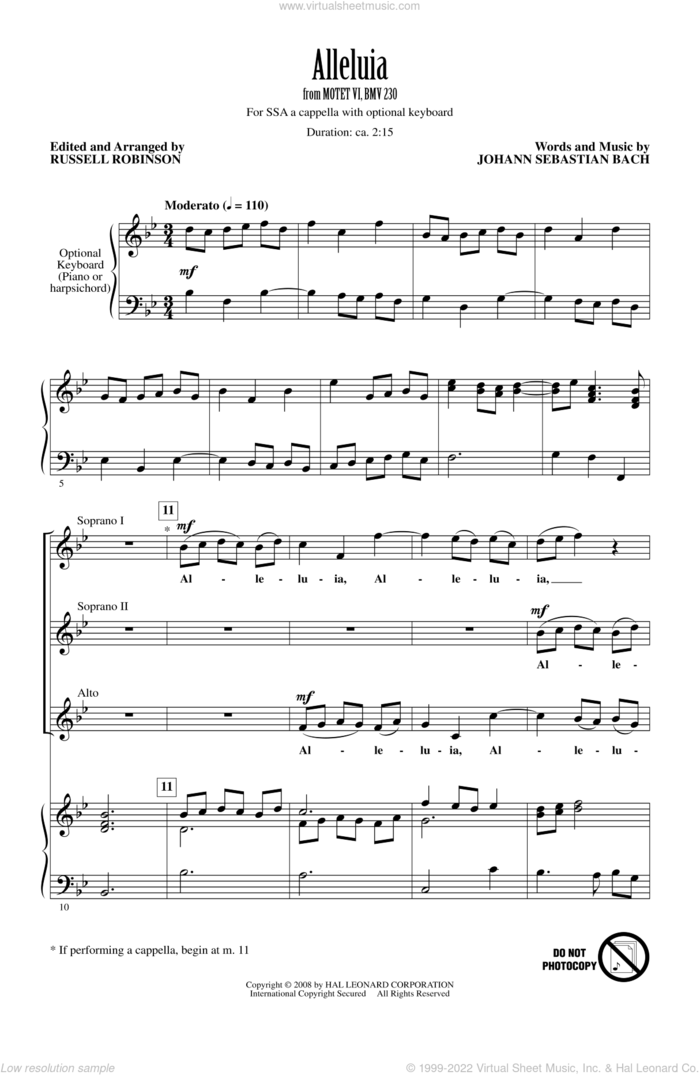 Alleluia (from Motet VI, BWV 230) sheet music for choir (SSA: soprano, alto) by Johann Sebastian Bach and Russell Robinson, classical score, intermediate skill level
