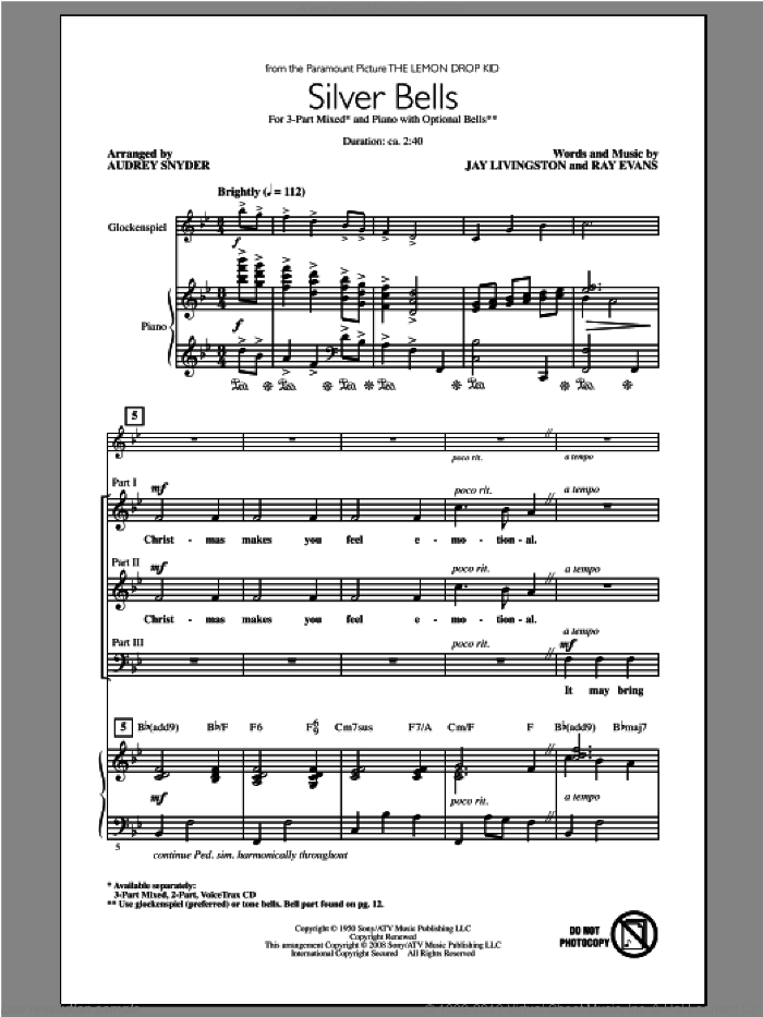 Silver Bells sheet music for choir (3-Part Mixed) by Audrey Snyder, intermediate skill level