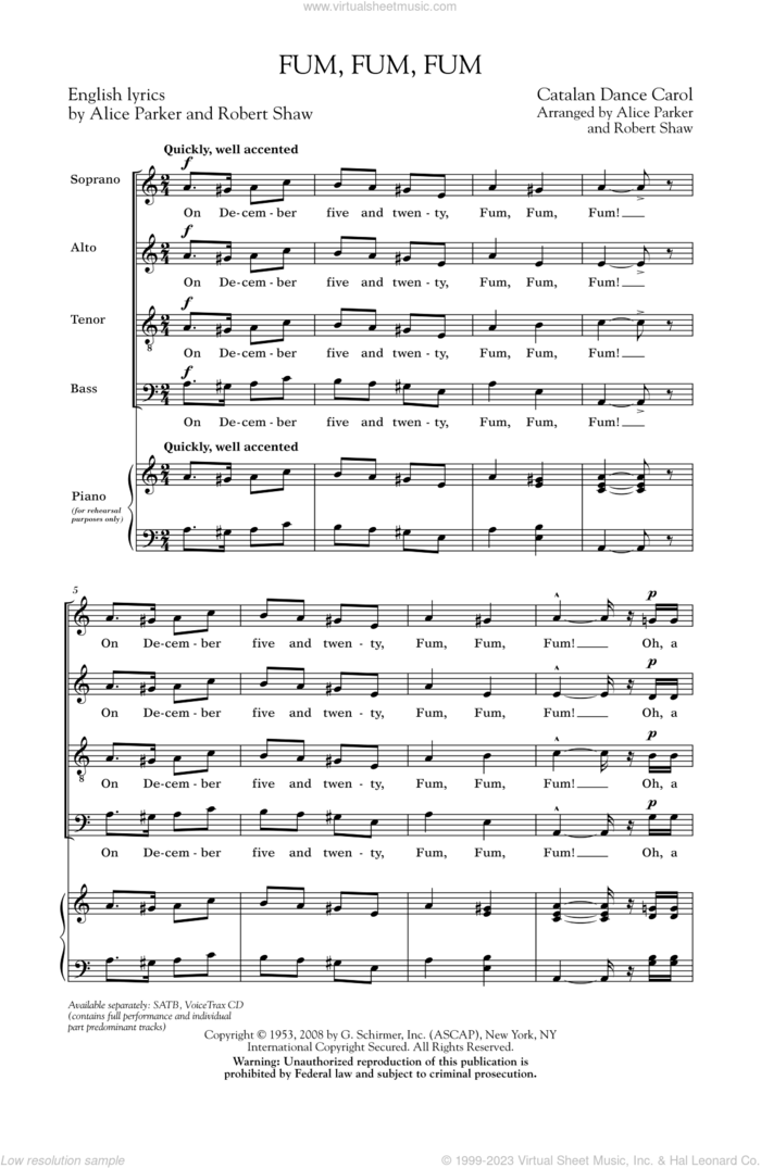 Fum, Fum, Fum sheet music for choir (SATB: soprano, alto, tenor, bass) by Alice Parker and Robert Shaw, intermediate skill level