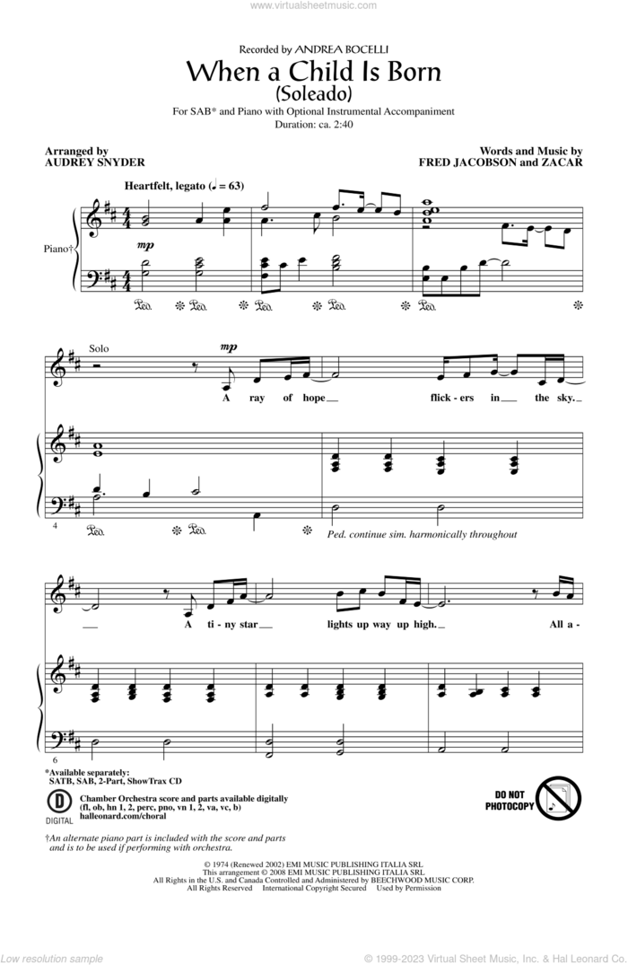 When A Child Is Born (Soleado) (arr. Audrey Snyder) sheet music for choir (SAB: soprano, alto, bass) by Audrey Snyder and Andrea Bocelli, intermediate skill level