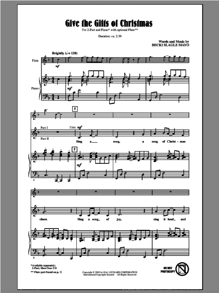Give The Gifts Of Christmas sheet music for choir (2-Part) by Becki Slagle Mayo, intermediate duet