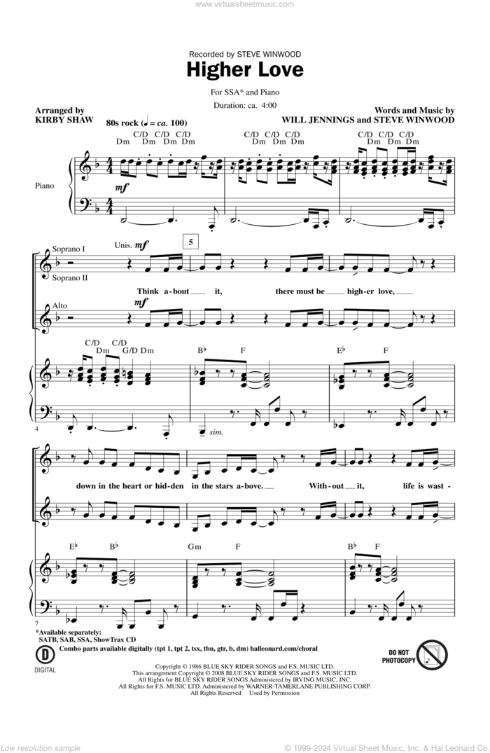 Higher Love sheet music for choir (SSA: soprano, alto) by Kirby Shaw and Steve Winwood, intermediate skill level
