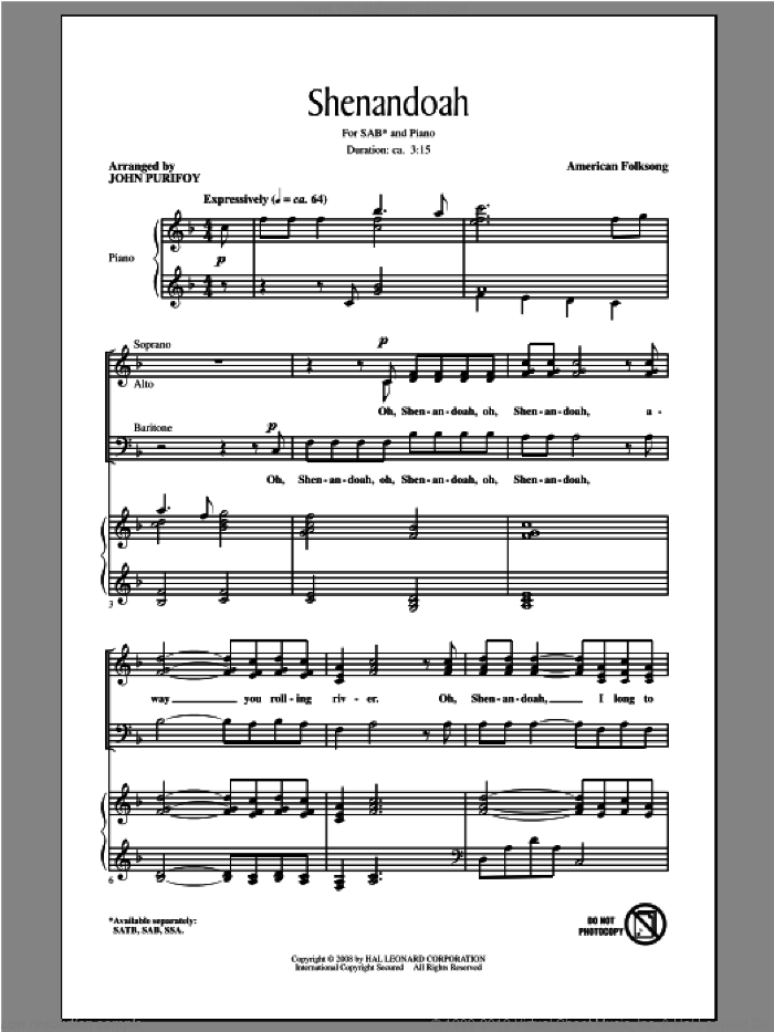 Shenandoah sheet music for choir (SAB: soprano, alto, bass) by John Purifoy, intermediate skill level