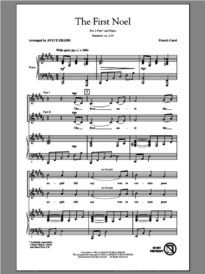 The First Noel sheet music for choir (2-Part) by Joyce Eilers, intermediate duet