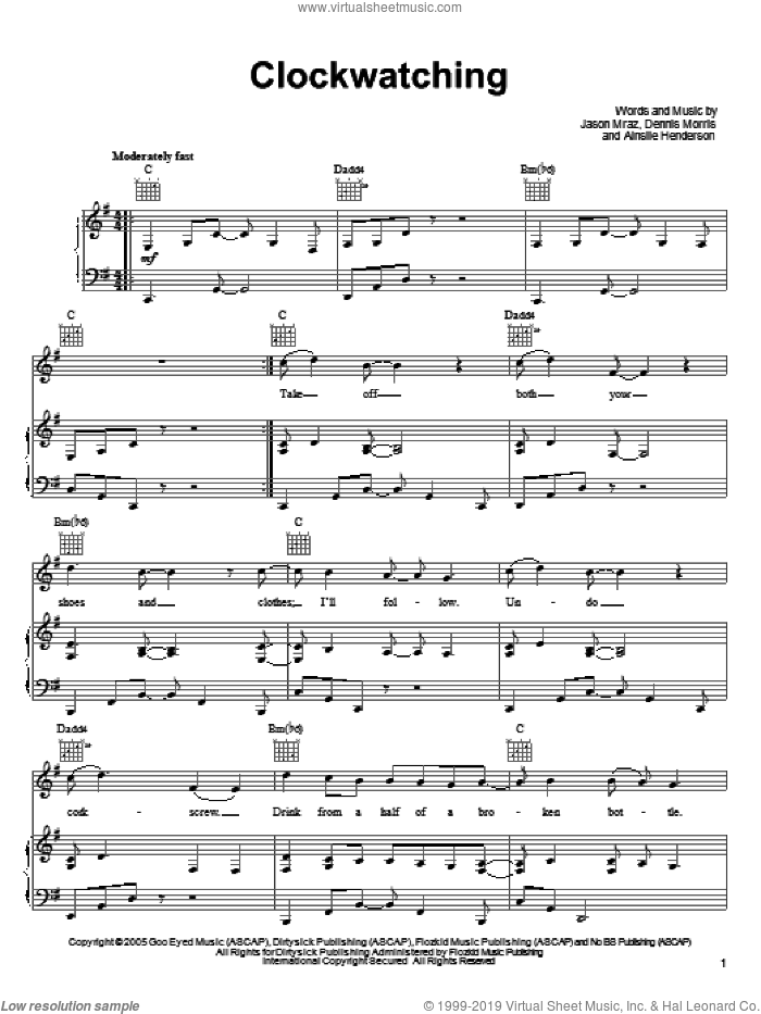 Clockwatching sheet music for voice, piano or guitar by Jason Mraz, Ainslie Henderson and Dennis Morris, intermediate skill level
