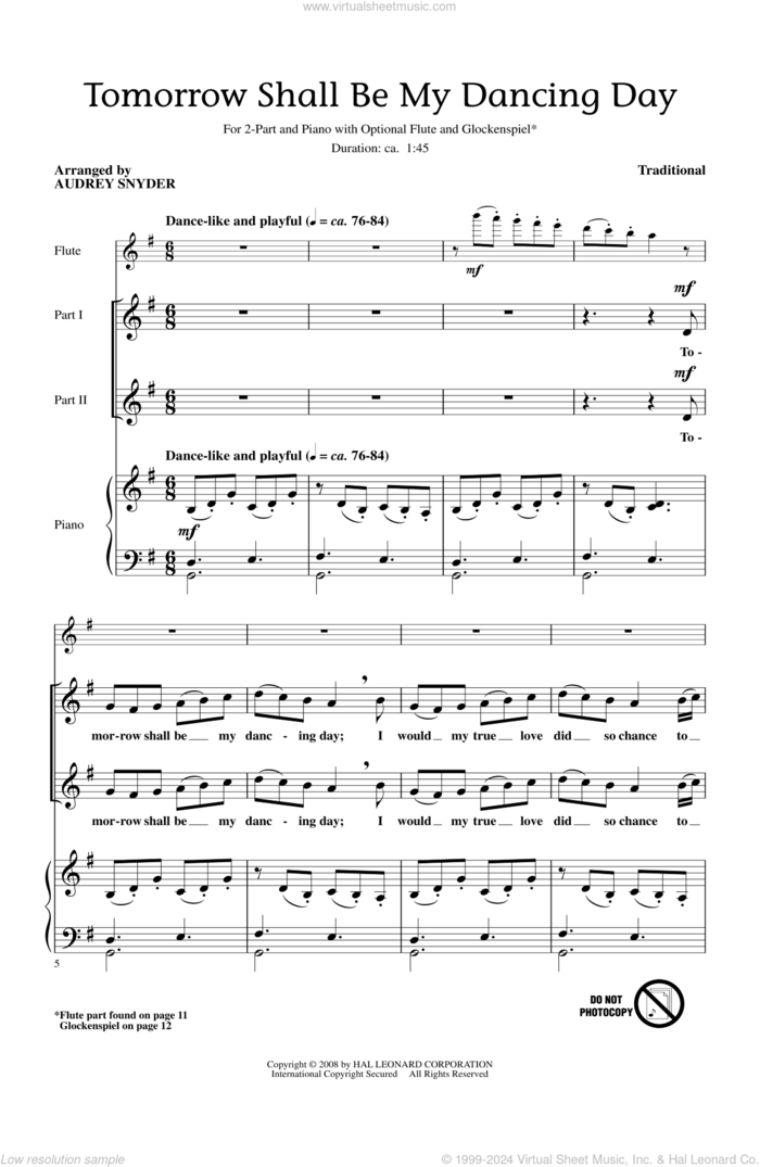 Tomorrow Shall Be My Dancing Day sheet music for choir (2-Part) by Audrey Snyder, intermediate duet