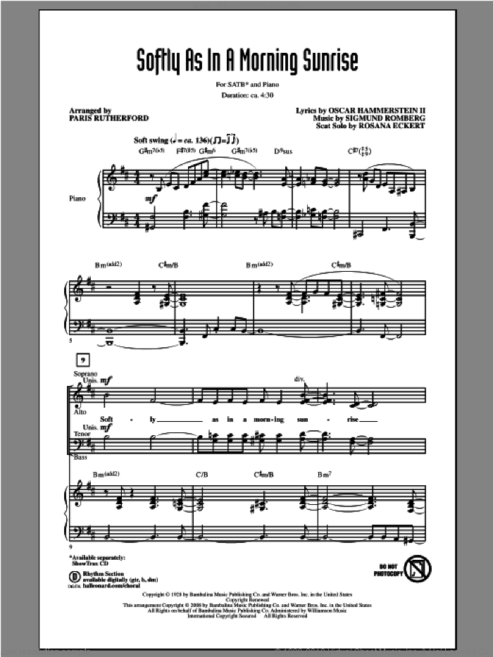 Softly As In A Morning Sunrise sheet music for choir (SATB: soprano, alto, tenor, bass) by Paris Rutherford, intermediate skill level