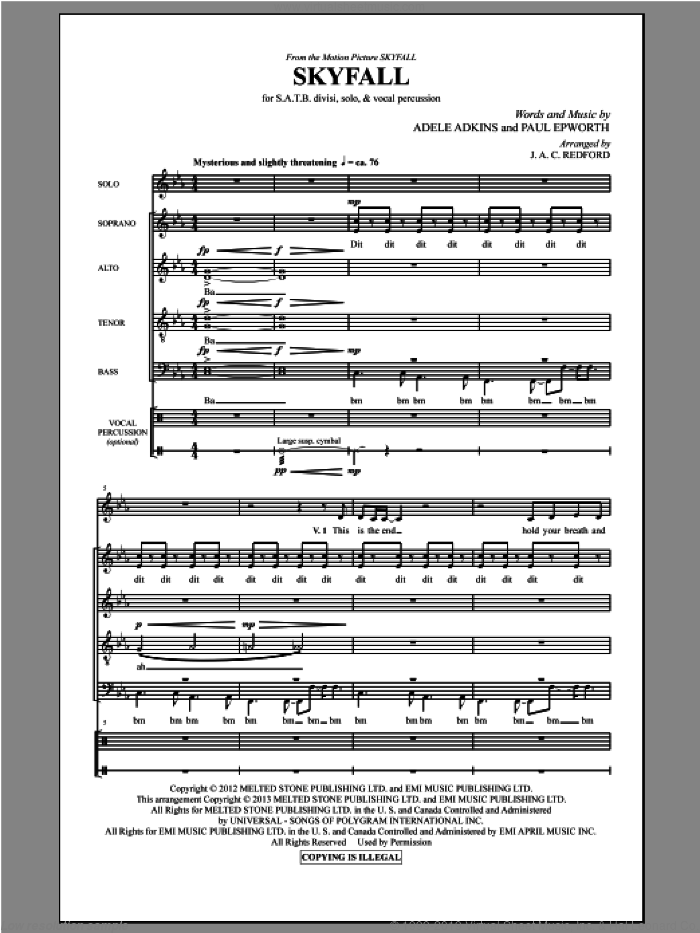 Skyfall (arr. J.A.C. Redford) sheet music for choir (SATB: soprano, alto, tenor, bass) by Adele, Jac Redford and Paul Epworth, intermediate skill level