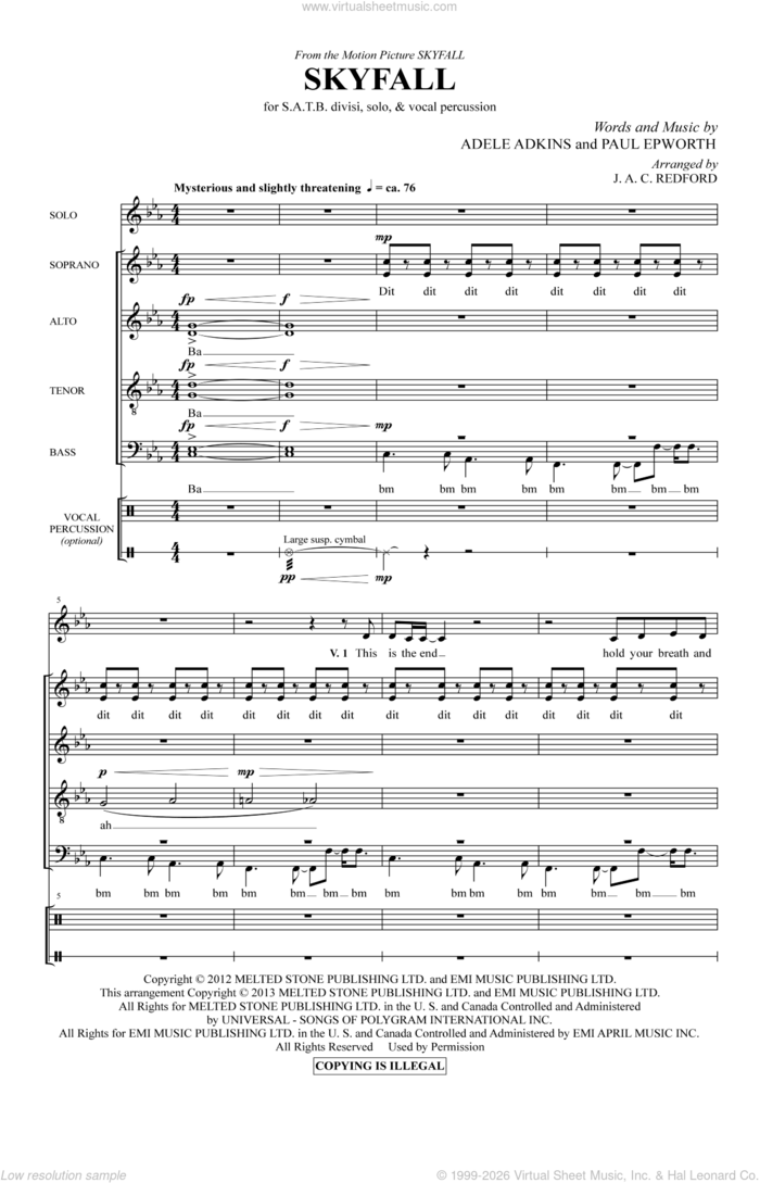 Skyfall (arr. J.A.C. Redford) sheet music for choir (SATB: soprano, alto, tenor, bass) by Adele, Jac Redford and Paul Epworth, intermediate skill level