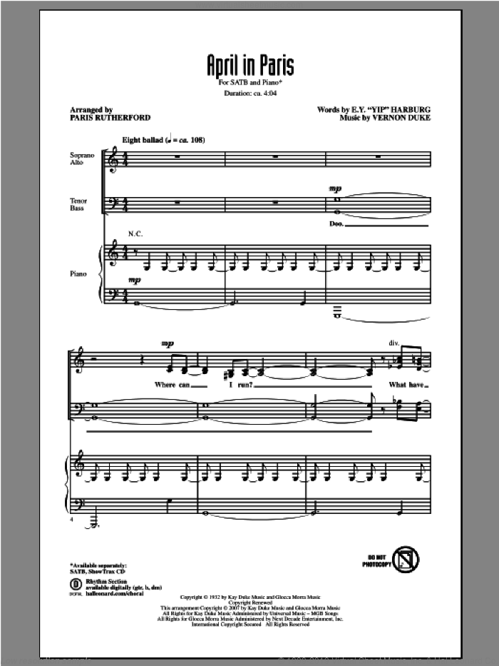 April In Paris sheet music for choir (SATB: soprano, alto, tenor, bass) by Paris Rutherford and Vernon Duke, intermediate skill level