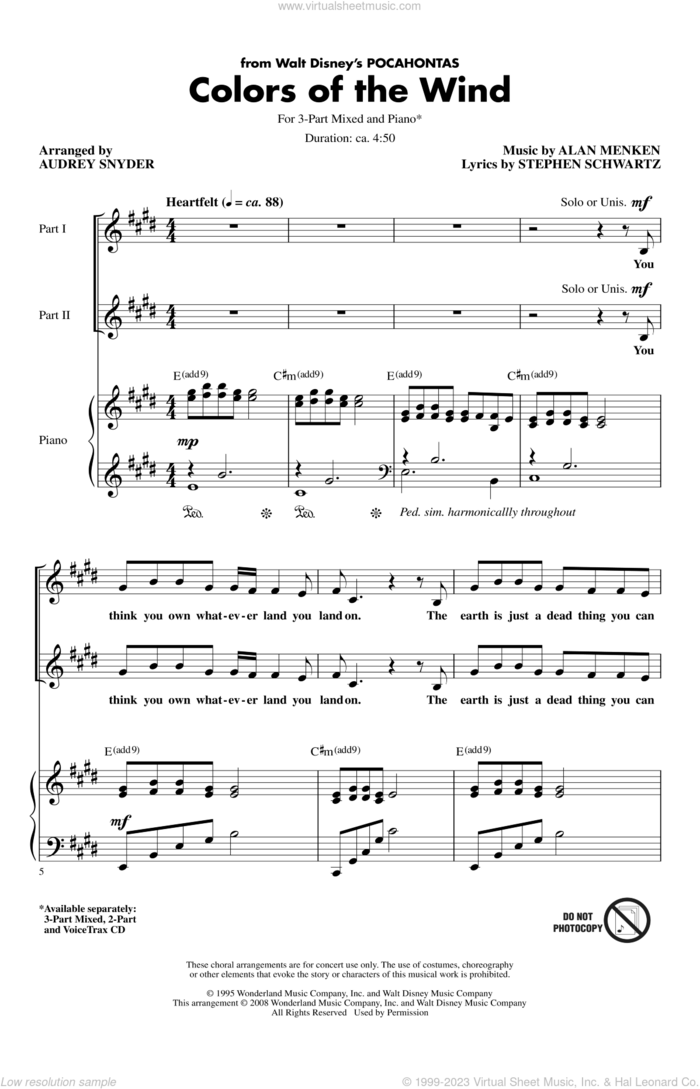 Colors Of The Wind (from Pocahontas) (arr. Audrey Snyder) sheet music for choir (3-Part Mixed) by Alan Menken & Stephen Schwartz, Alan Menken, Audrey Snyder and Stephen Schwartz, intermediate skill level