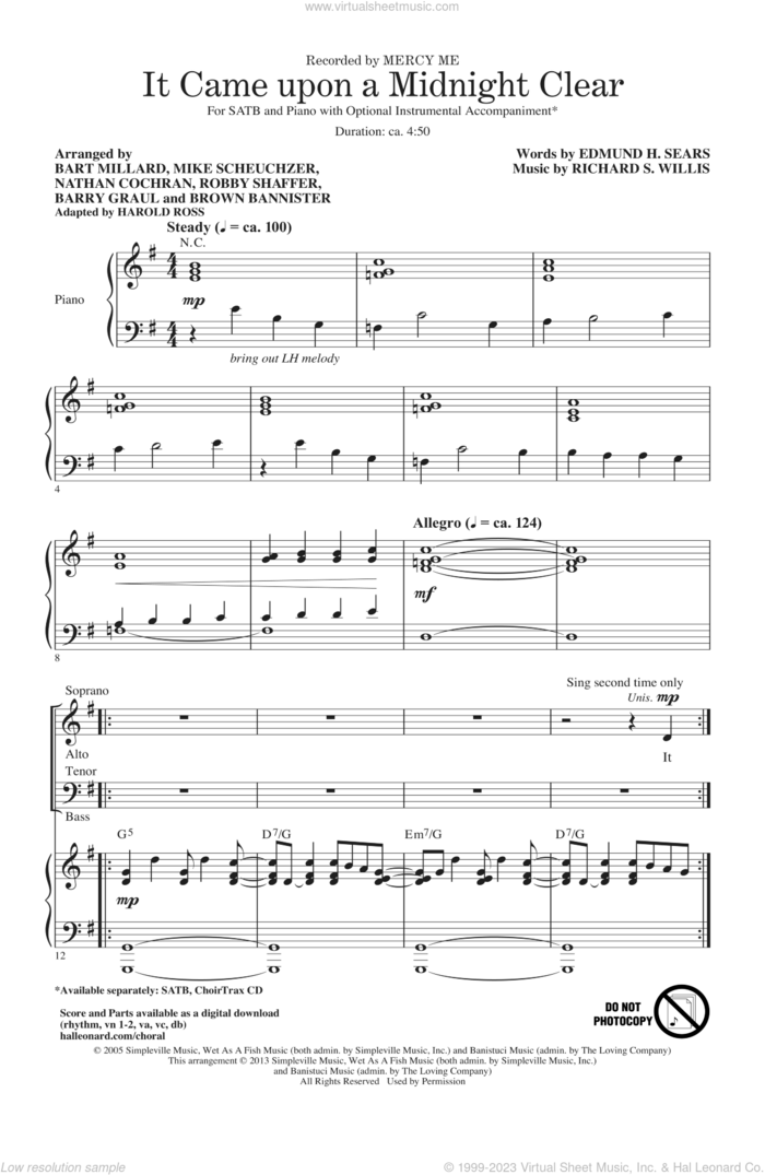 It Came Upon A Midnight Clear (arr. Harold Ross) sheet music for choir (SATB: soprano, alto, tenor, bass) by Richard Storrs Willis, Edmund Hamilton Sears, Harold Ross and MercyMe, intermediate skill level