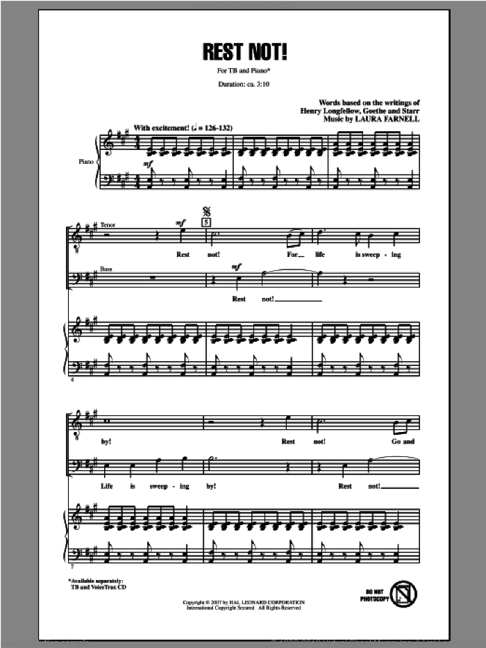 Rest Not! sheet music for choir (TB: tenor, bass) by Laura Farnell, intermediate skill level