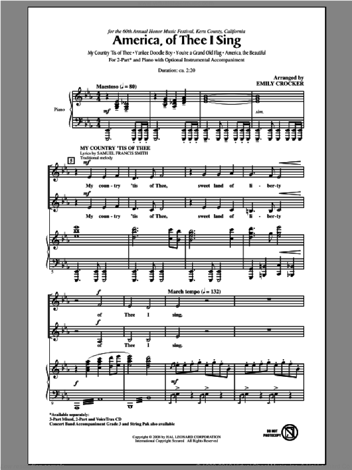 America, Of Thee I Sing sheet music for choir (2-Part) by Emily Crocker and Katherine Lee Bates, intermediate duet