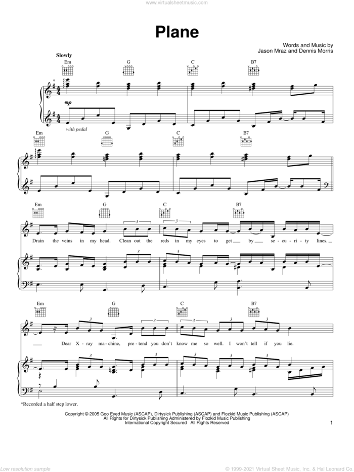 Plane sheet music for voice, piano or guitar by Jason Mraz and Dennis Morris, intermediate skill level